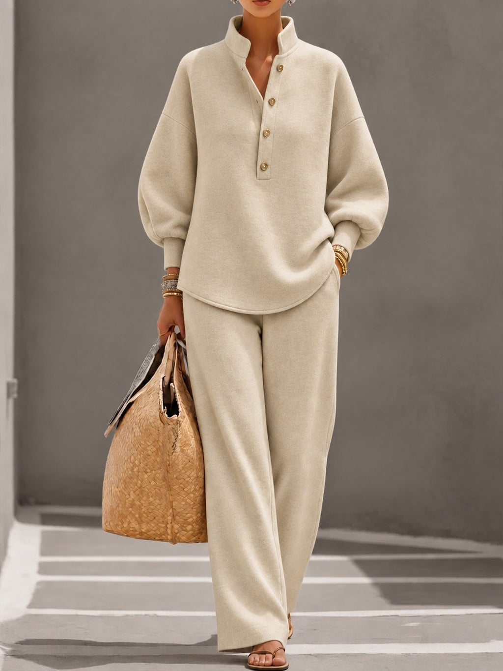 Women's Premium Soft Knit Stand Collar Button Detail Long Sleeve Top & Wide Leg Pants Two-Piece Set
