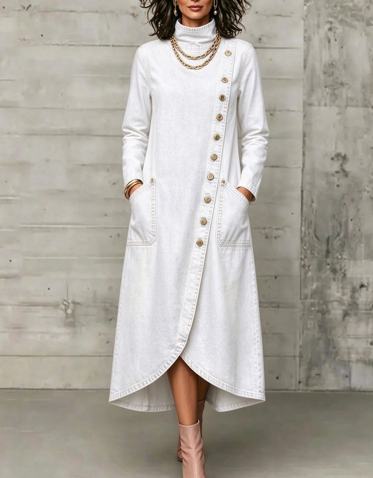 🤲LAST DAY SAVE 49% ⏰High Neck Diagonal Button Large Pocket Denim Maxi Dress