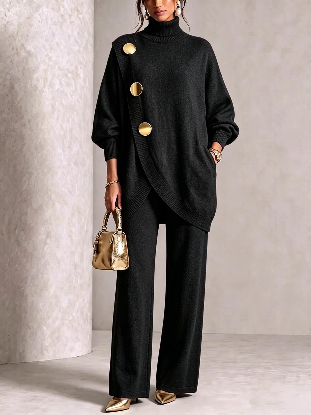 🤲LAST DAY SAVE 49% ⏰Elegant Burgundy Knit Asymmetrical Button Set