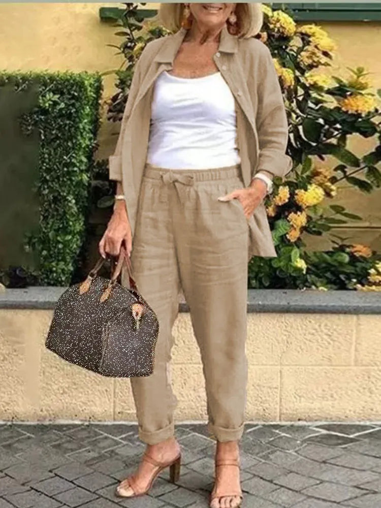 Solid Cotton Linen Women Suits  Casual