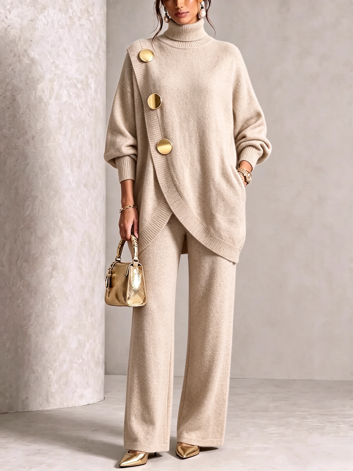 🤲LAST DAY SAVE 49% ⏰Elegant Burgundy Knit Asymmetrical Button Set