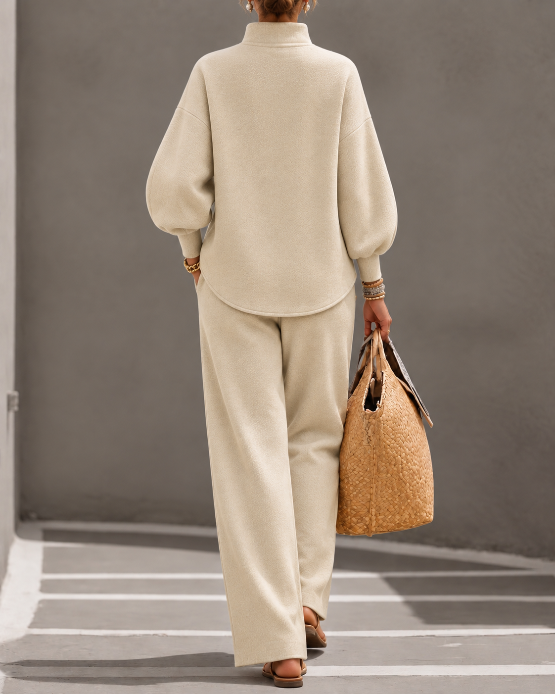 Women's Premium Soft Knit Stand Collar Button Detail Long Sleeve Top & Wide Leg Pants Two-Piece Set
