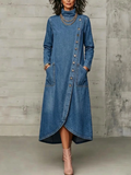 🤲LAST DAY SAVE 49% ⏰High Neck Diagonal Button Large Pocket Denim Maxi Dress