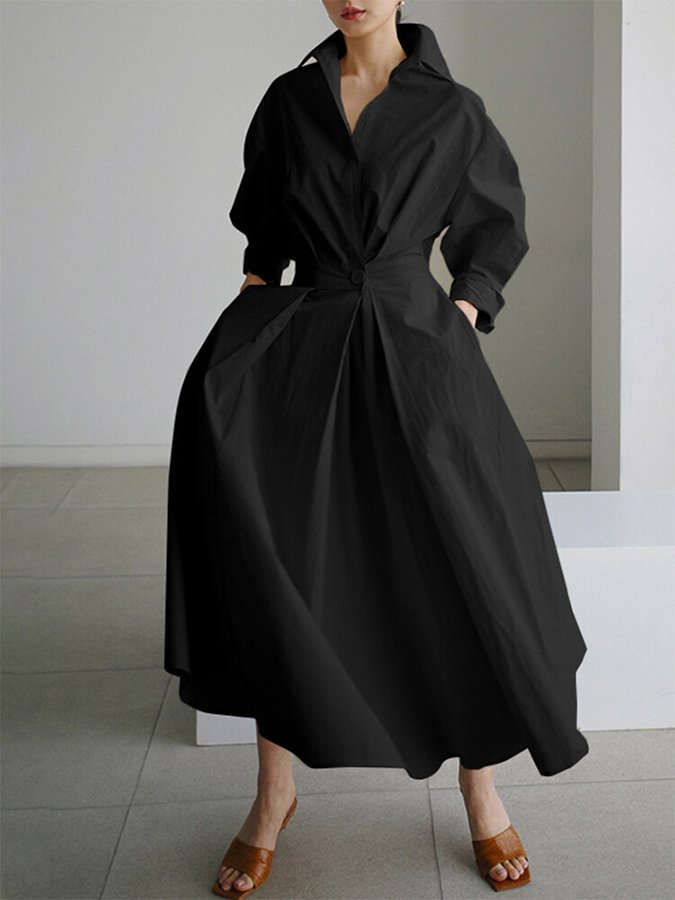Women's Solid Pocket Button Lapel Long Sleeve Maxi Shirt Casual Dress
