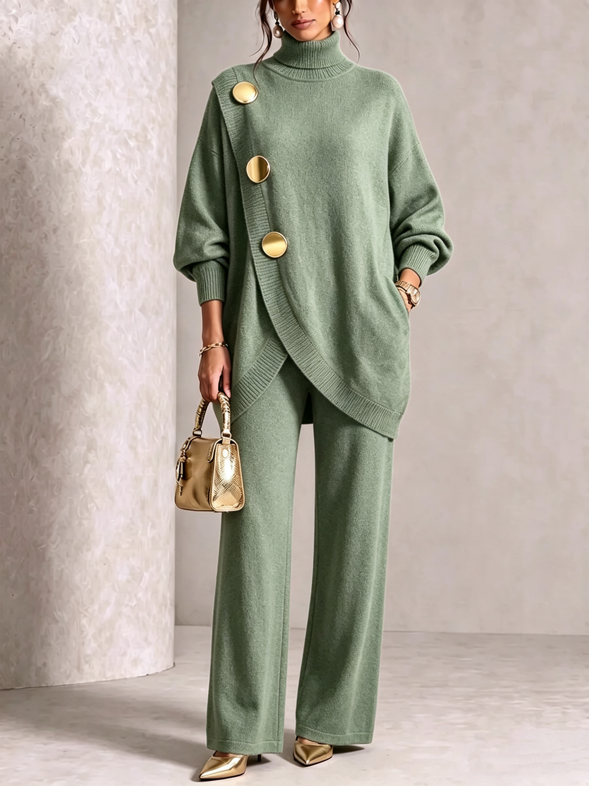 🤲LAST DAY SAVE 49% ⏰Elegant Burgundy Knit Asymmetrical Button Set