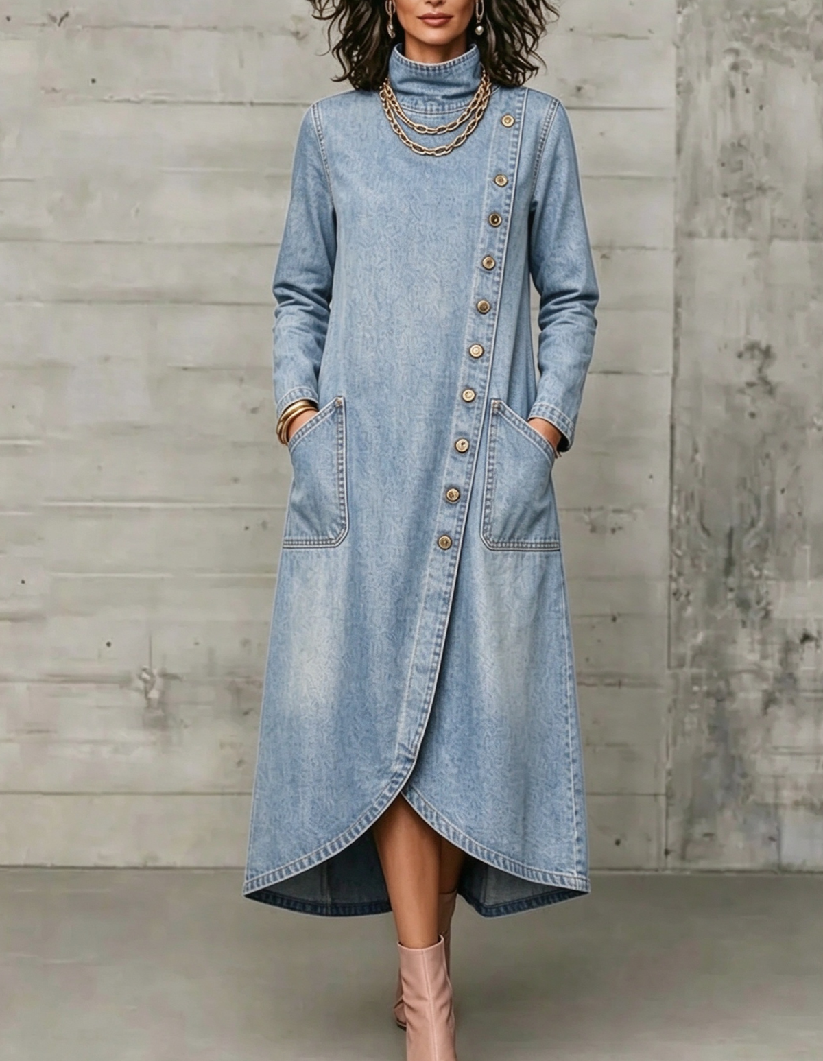 🤲LAST DAY SAVE 49% ⏰High Neck Diagonal Button Large Pocket Denim Maxi Dress