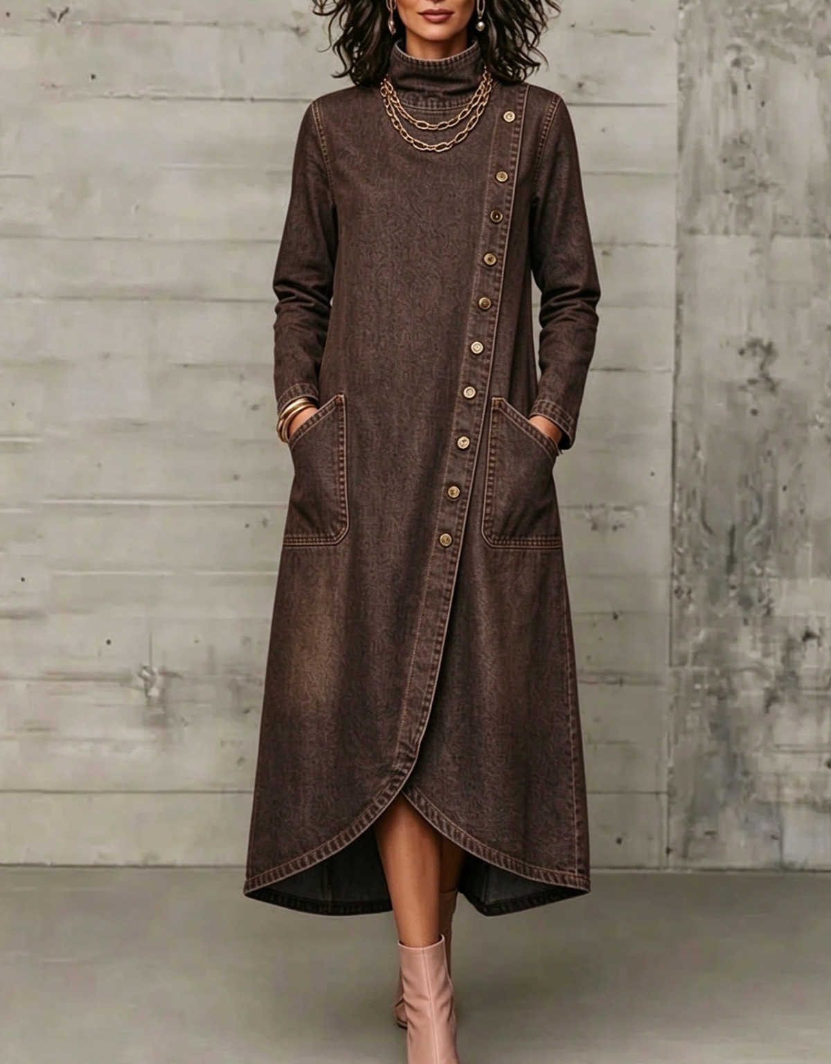 🤲LAST DAY SAVE 49% ⏰High Neck Diagonal Button Large Pocket Denim Maxi Dress