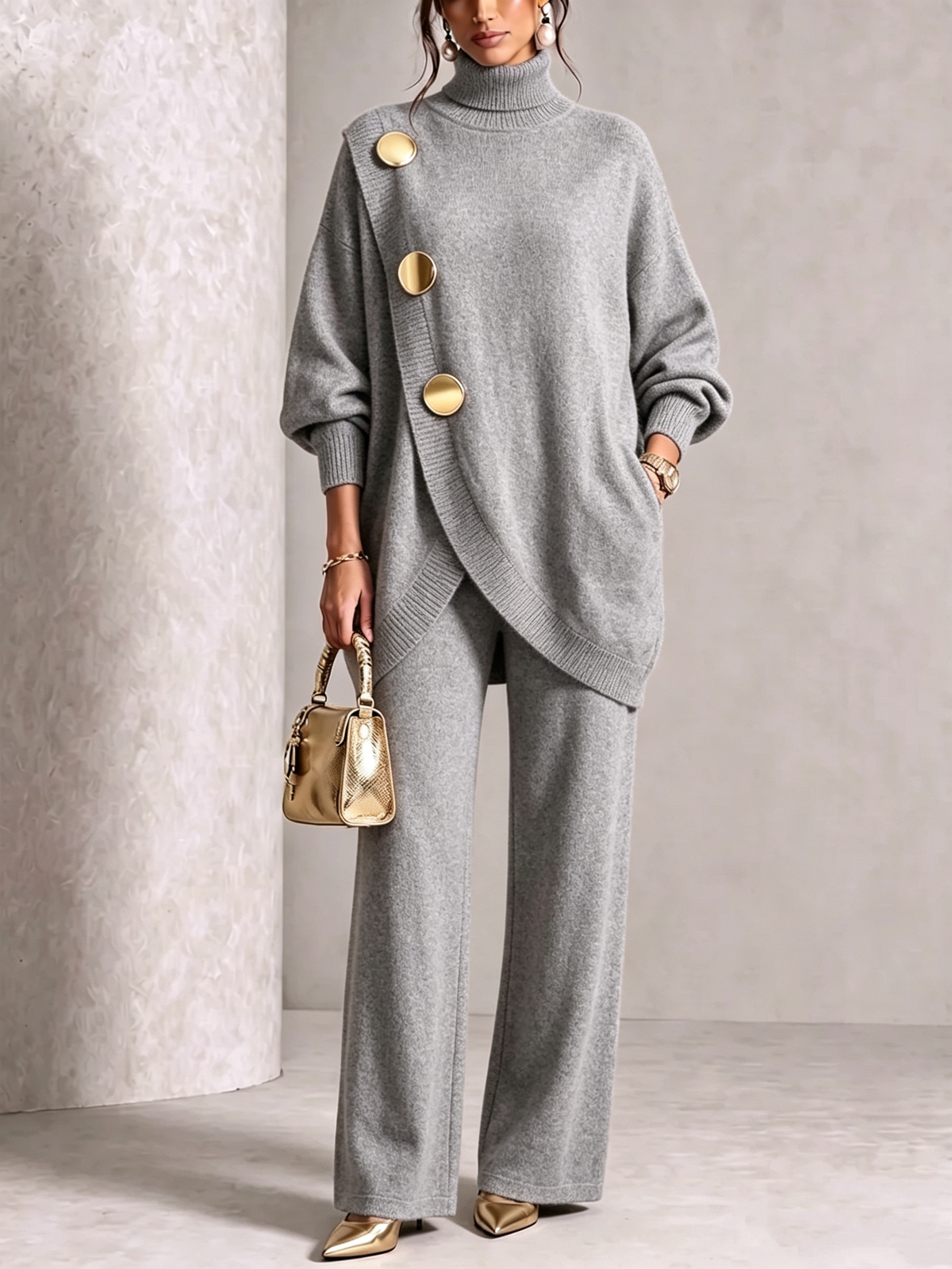 🤲LAST DAY SAVE 49% ⏰Elegant Burgundy Knit Asymmetrical Button Set