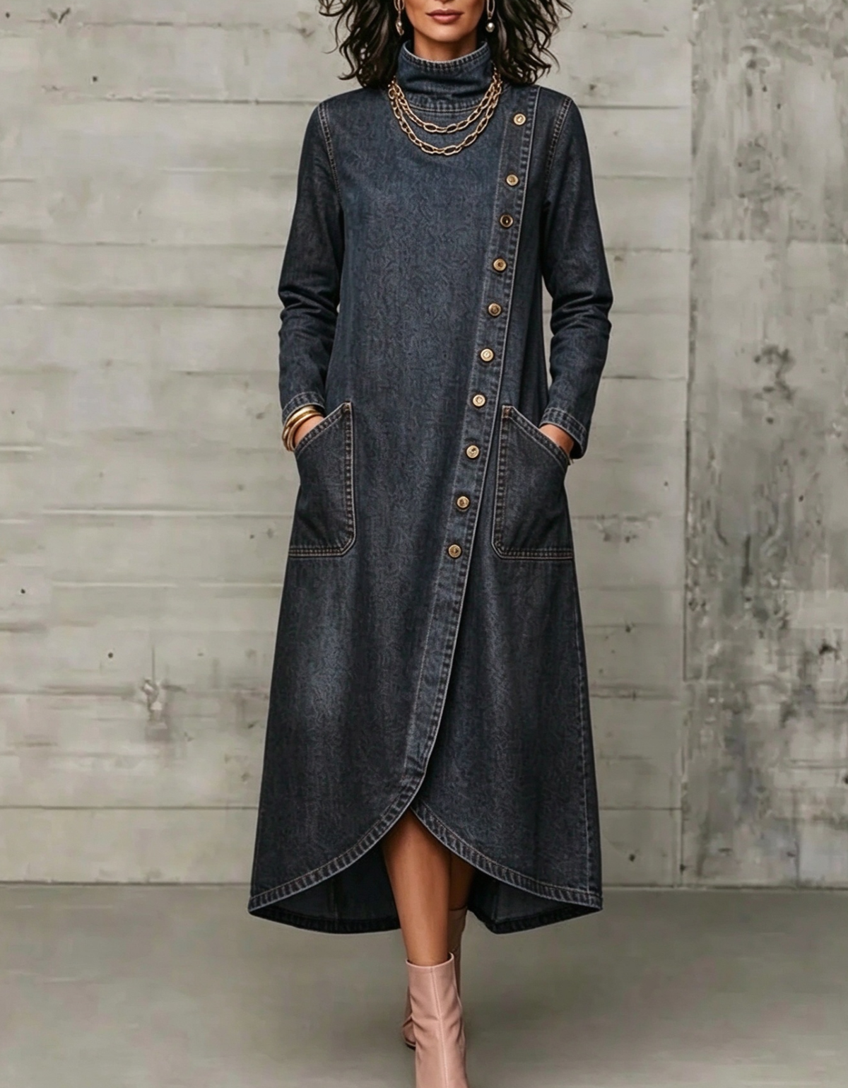 🤲LAST DAY SAVE 49% ⏰High Neck Diagonal Button Large Pocket Denim Maxi Dress