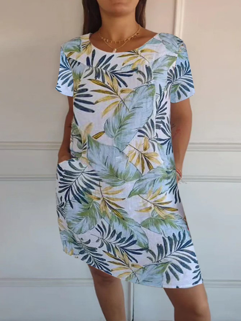 Women's Cotton and Linen Round Neck Printed Dress
