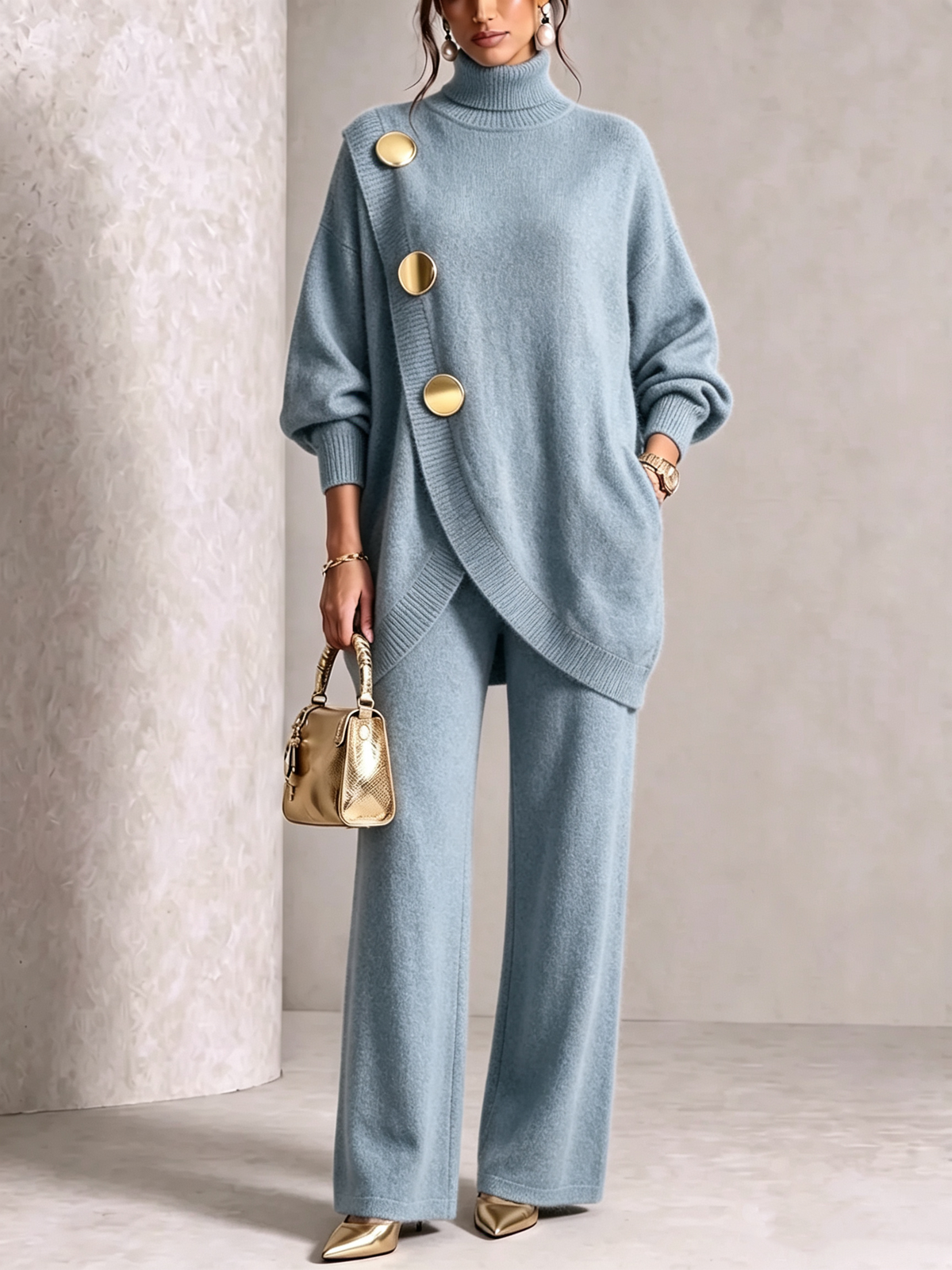 🤲LAST DAY SAVE 49% ⏰Elegant Burgundy Knit Asymmetrical Button Set