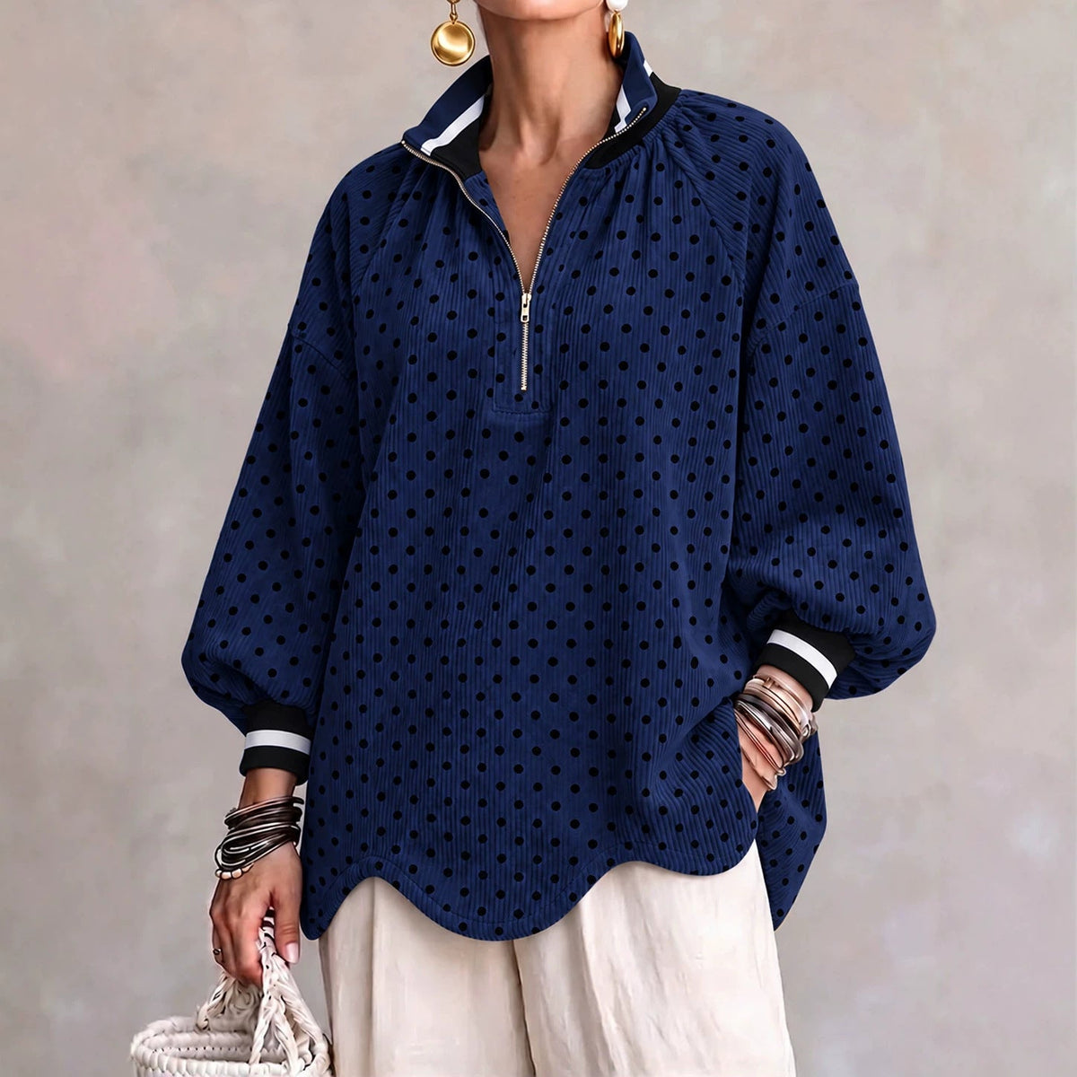 🤲LAST DAY SAVE 49% ⏰Chic Polka Dot Corduroy Zip-Up Pullover