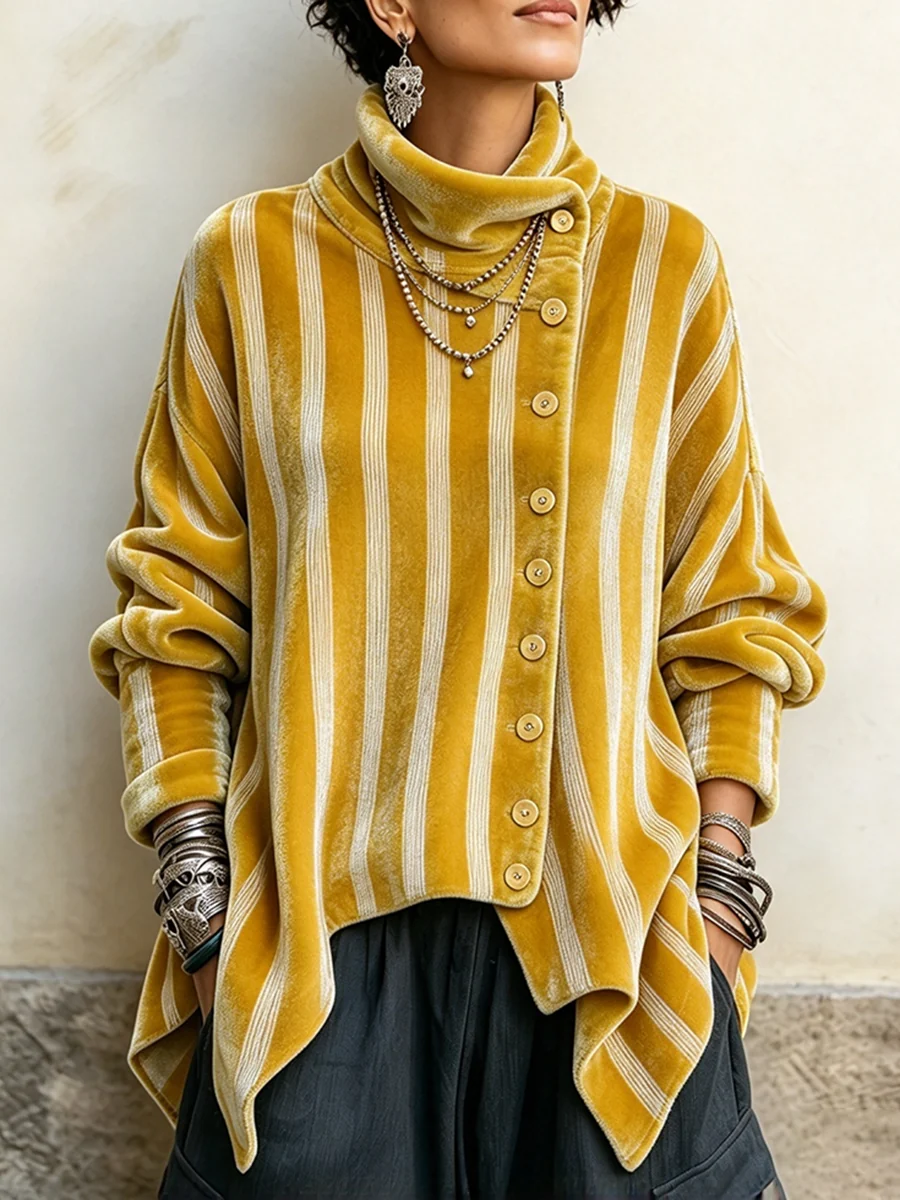 🤲LAST DAY SAVE 49% 🐆Chic Velvet Asymmetric Button Turtleneck Top