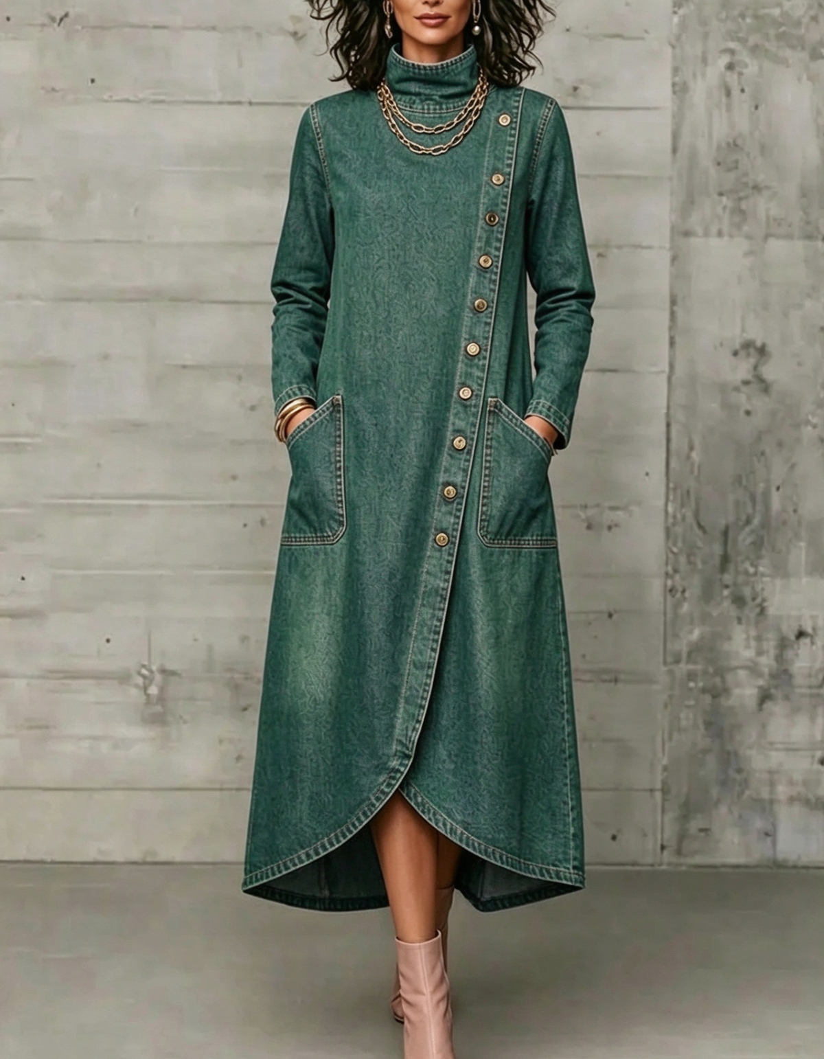 🤲LAST DAY SAVE 49% ⏰High Neck Diagonal Button Large Pocket Denim Maxi Dress