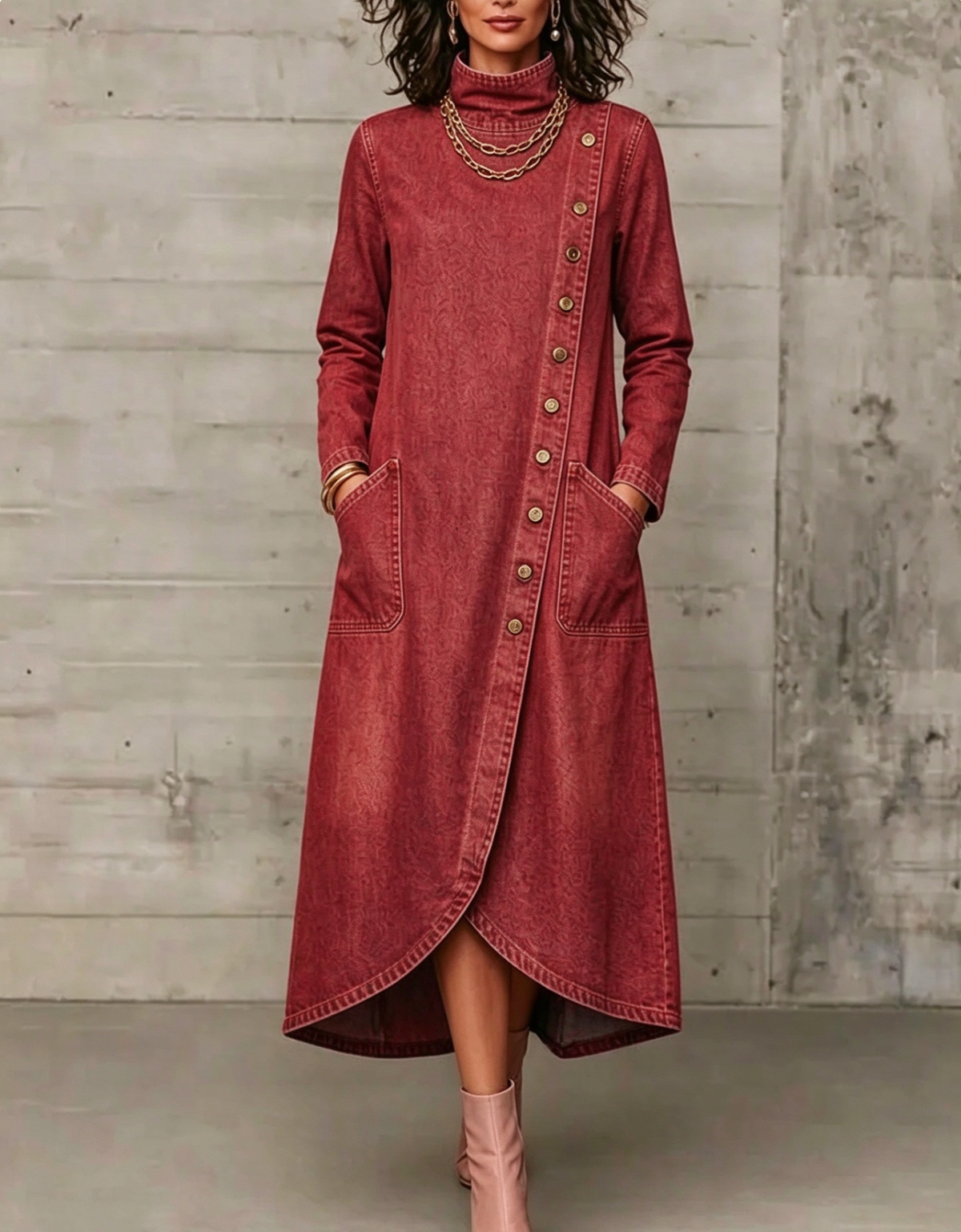 🤲LAST DAY SAVE 49% ⏰High Neck Diagonal Button Large Pocket Denim Maxi Dress
