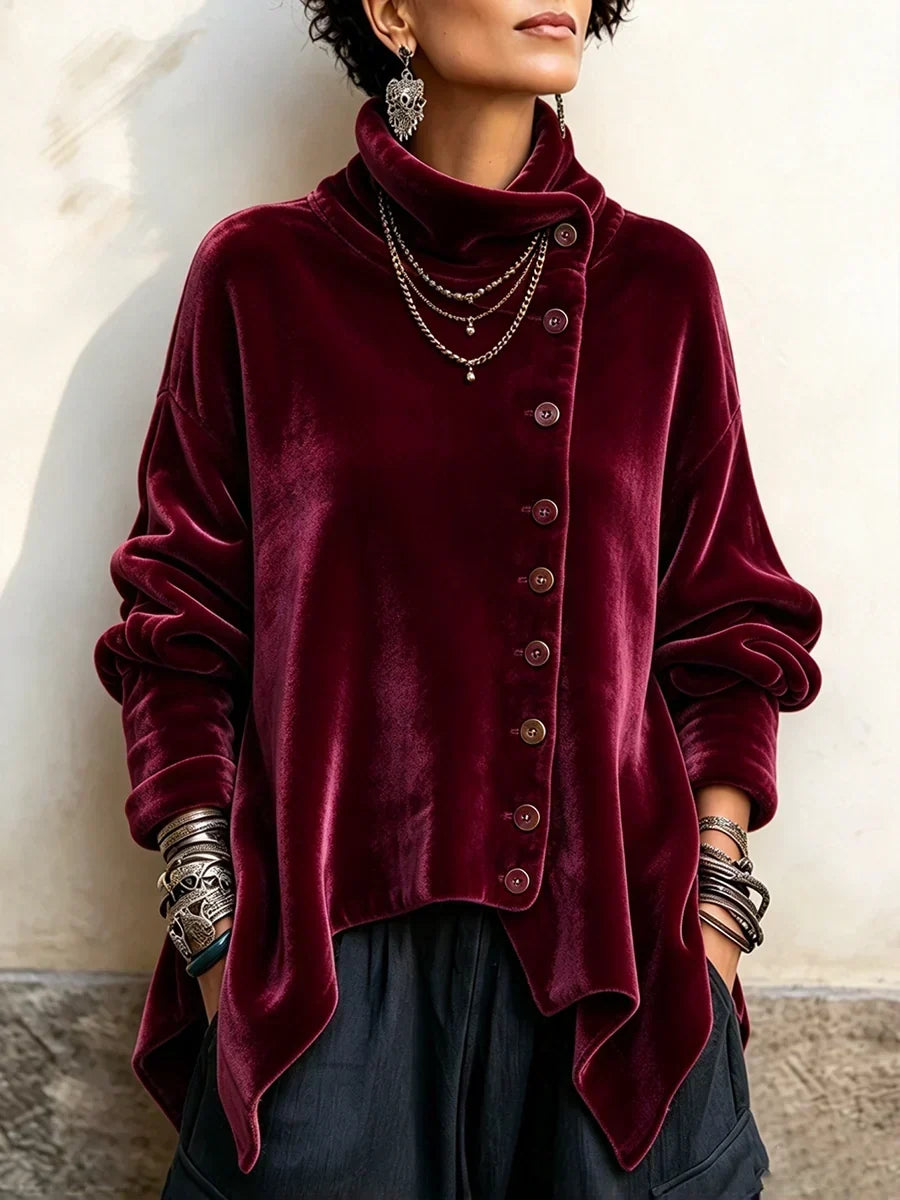 🤲LAST DAY SAVE 49% 🐆Chic Velvet Asymmetric Button Turtleneck Top