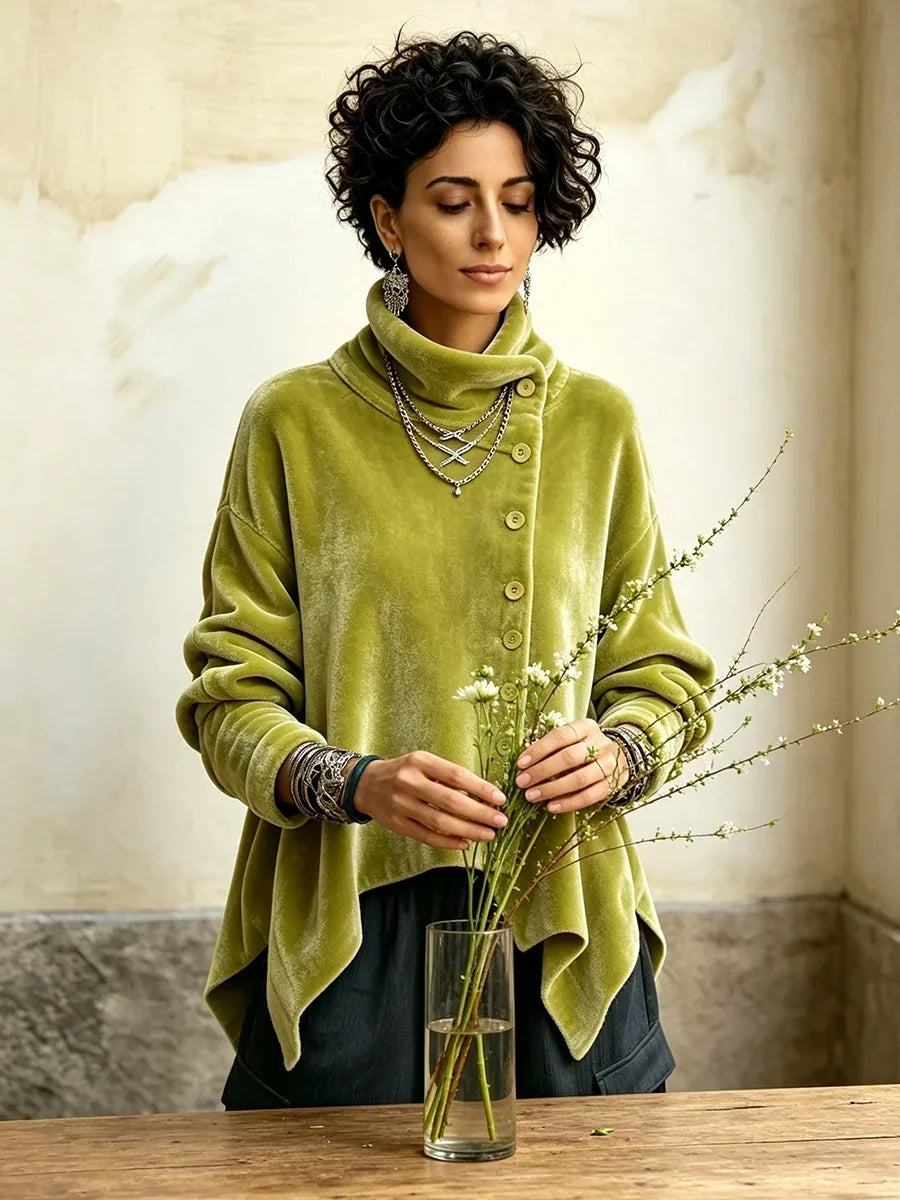 🤲LAST DAY SAVE 49% 🐆Chic Velvet Asymmetric Button Turtleneck Top
