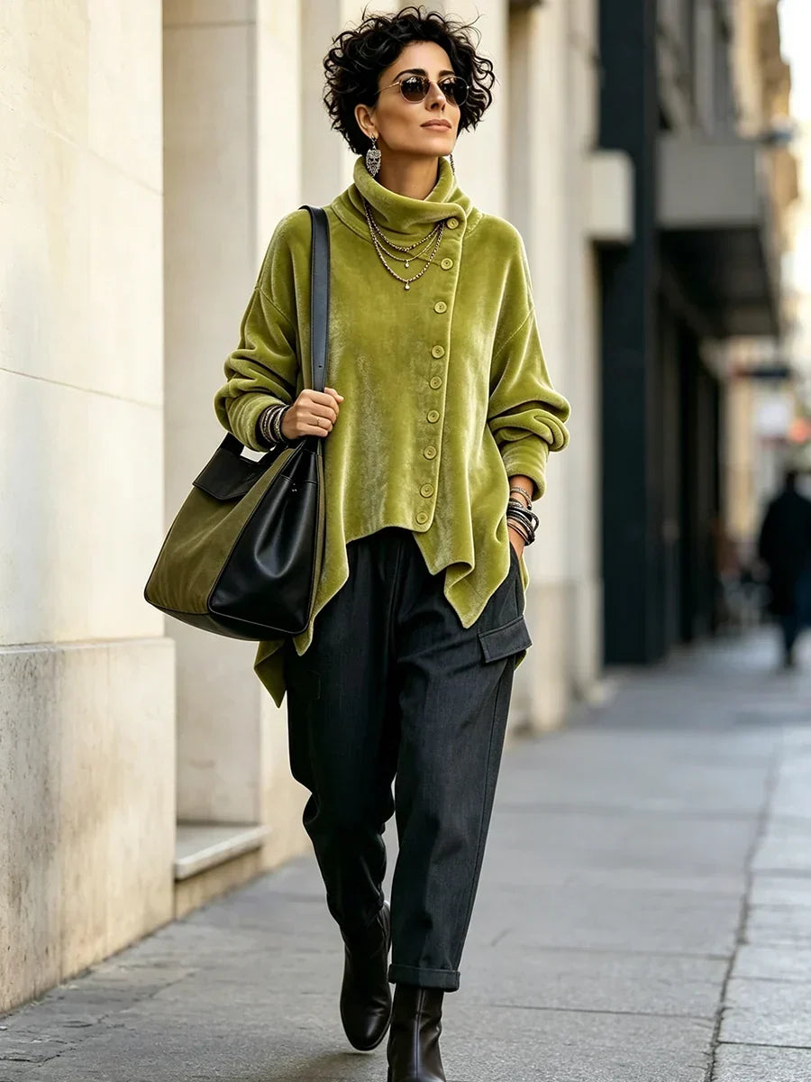 🤲LAST DAY SAVE 49% 🐆Chic Velvet Asymmetric Button Turtleneck Top