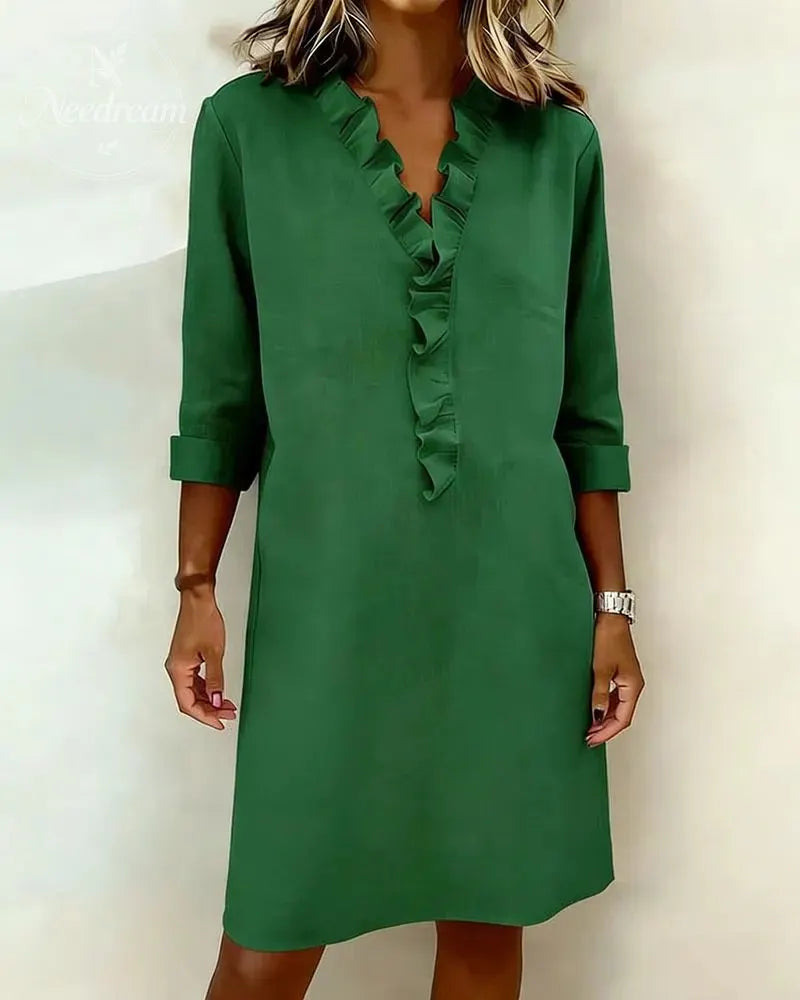 Ruffled V-Neck Solid Color Dress