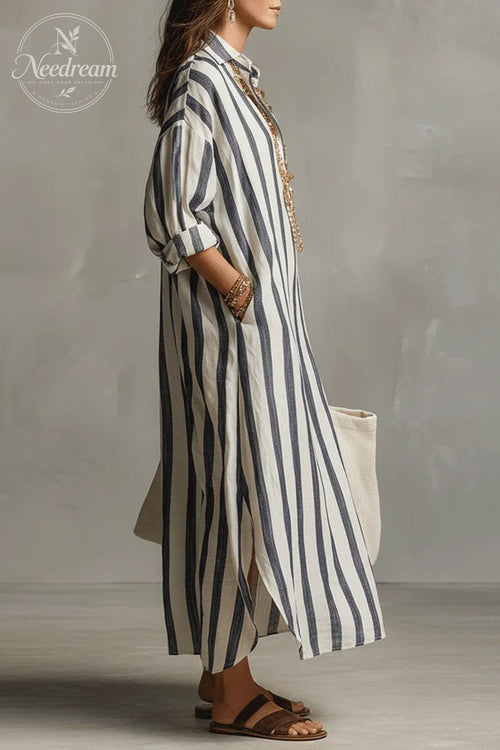 Casual Striped Shirt Bohemian Style Maxi Dress