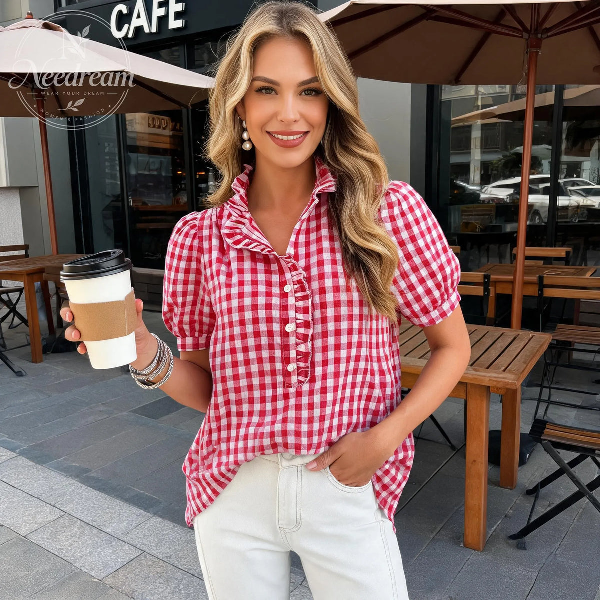 Women Puff Sleeve Plaid Blouses Dressy Casual Business Tops Ruffled Tirm Henley Shirts