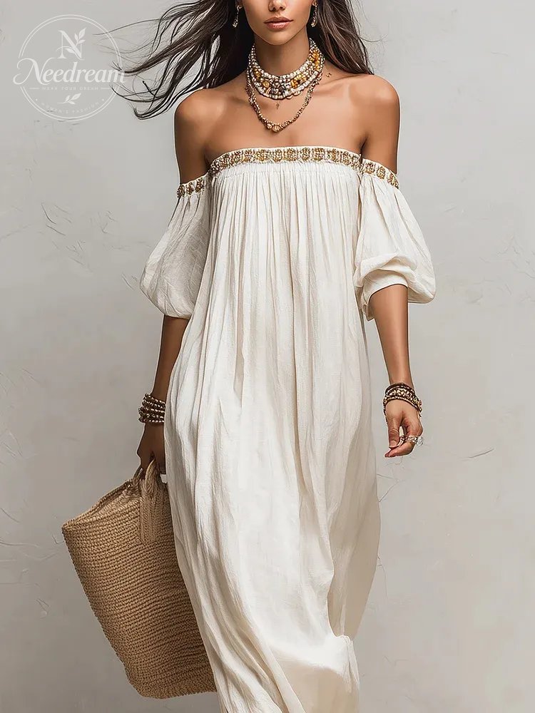 Bohemian Style Off-the-shoulder Pleated Ivory Long Dress